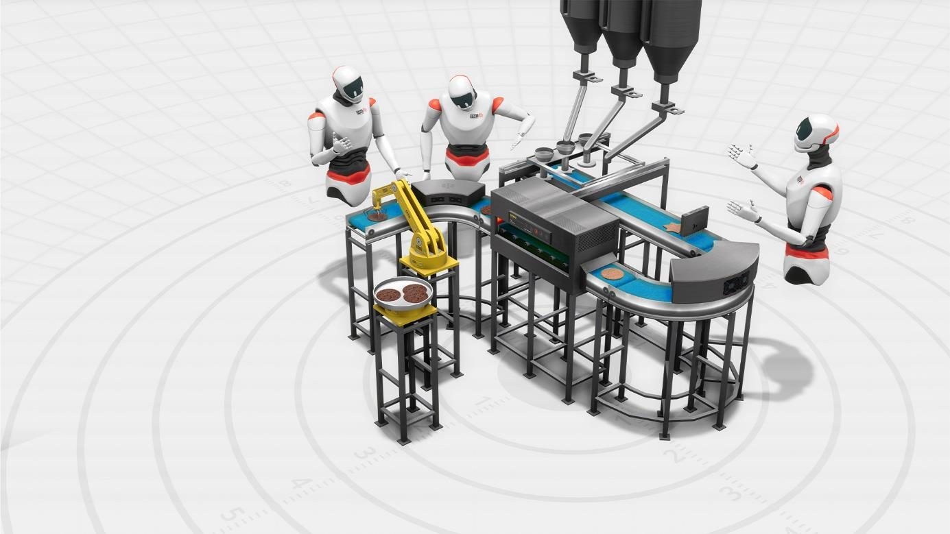 Een 3D-weergave van drie witte robots rond een productielijn met een lopende band, een gele robotarm en drie trechters.