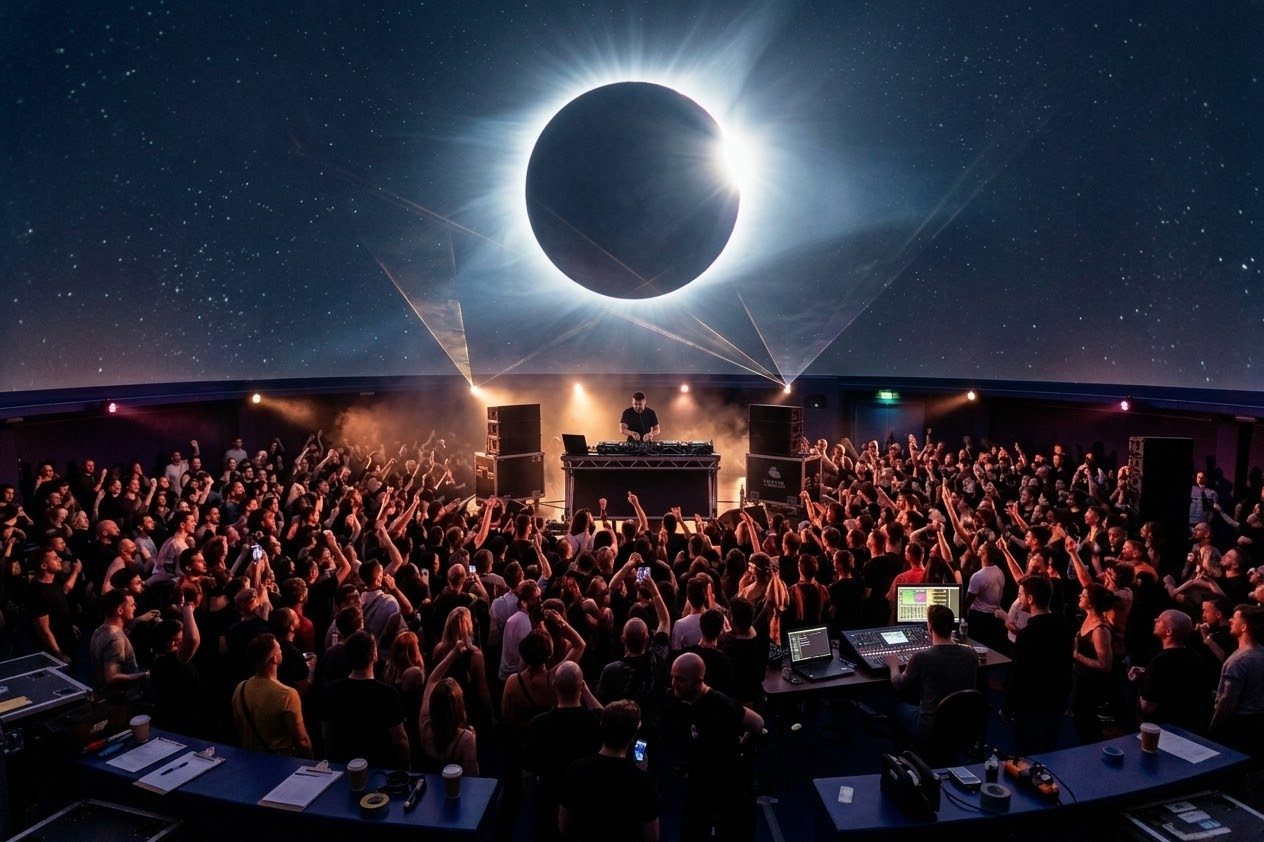 Een totale zonsverduistering geprojecteerd op de koepel van het ARTIS-Planetarium, boven een dj en een dansend publiek met de handen omhoog.