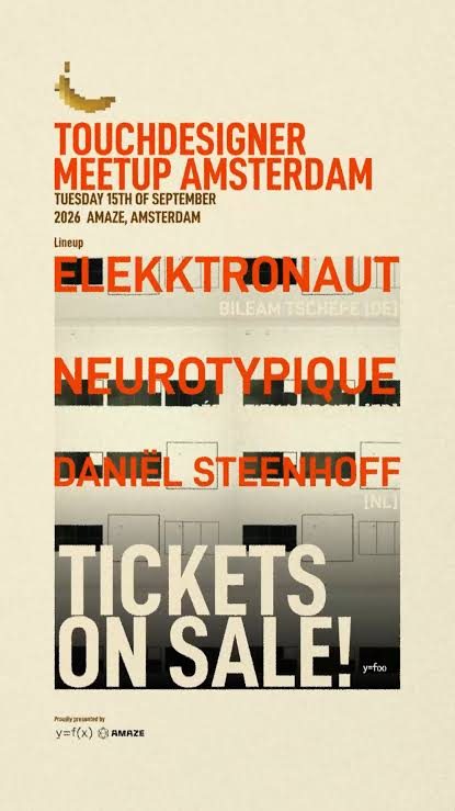 Poster van de TouchDesigner Meetup Amsterdam op dinsdag 15 september 2026 bij Amaze, met Elekktronaut, Neurotypique en Daniël Steenhoff.