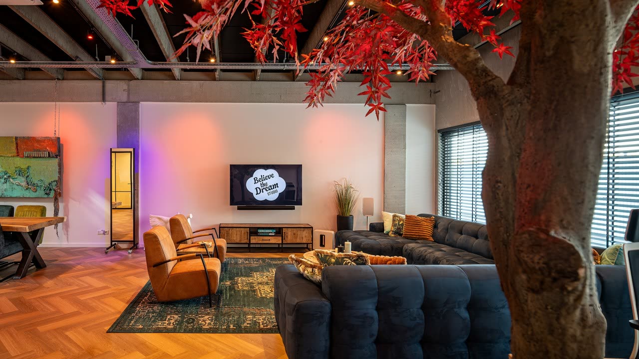 De lounge van Believe the Dream Studio: een boom met rode bladeren, oranje leren fauteuils, een donkerblauwe bank en een televisie met het studiologo.